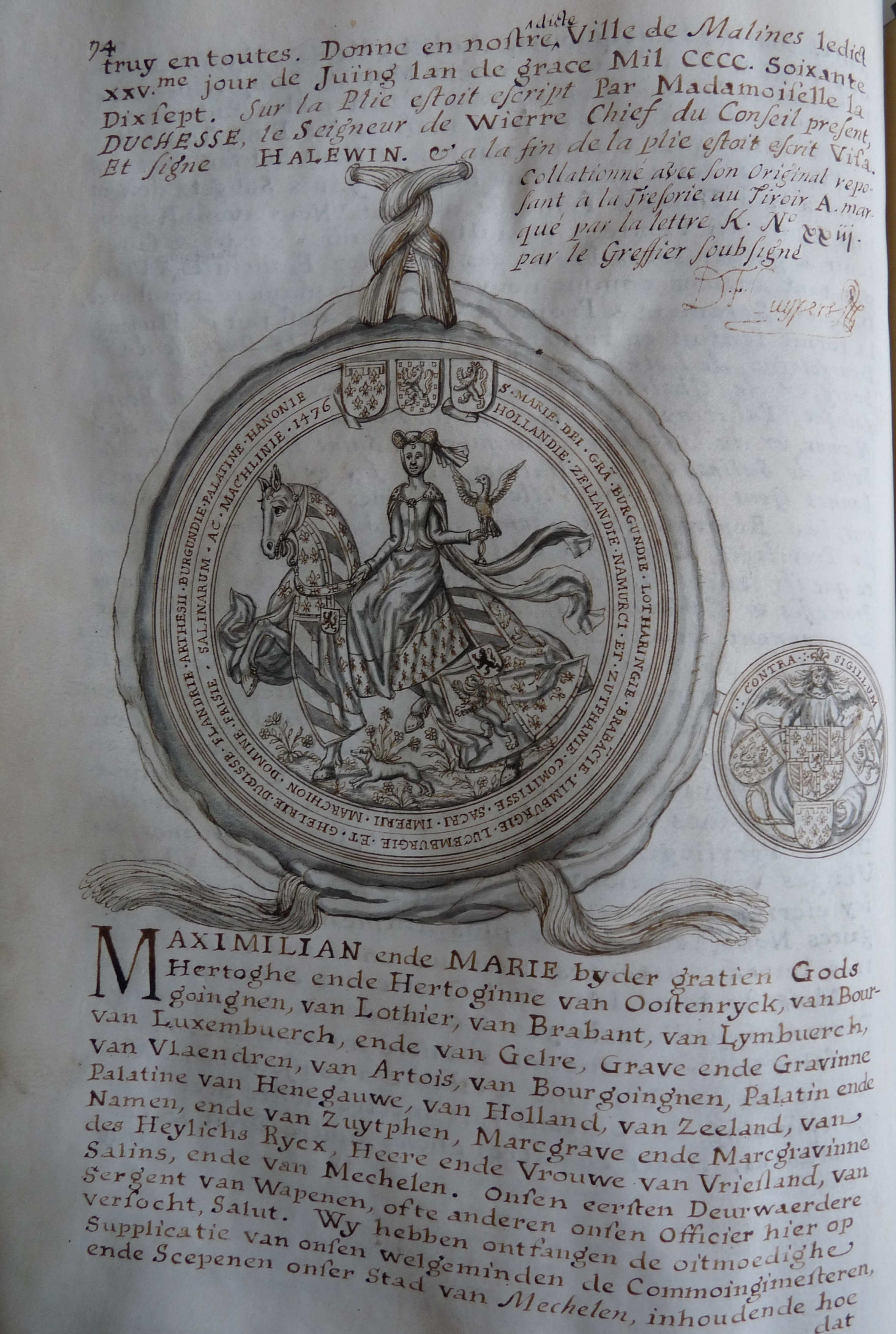 Het getekende zegel van Maria van Bourgondi&euml; in &eacute;&eacute;n van de Mechelse Roodboeken. Foto: stadsarchief Mechelen
