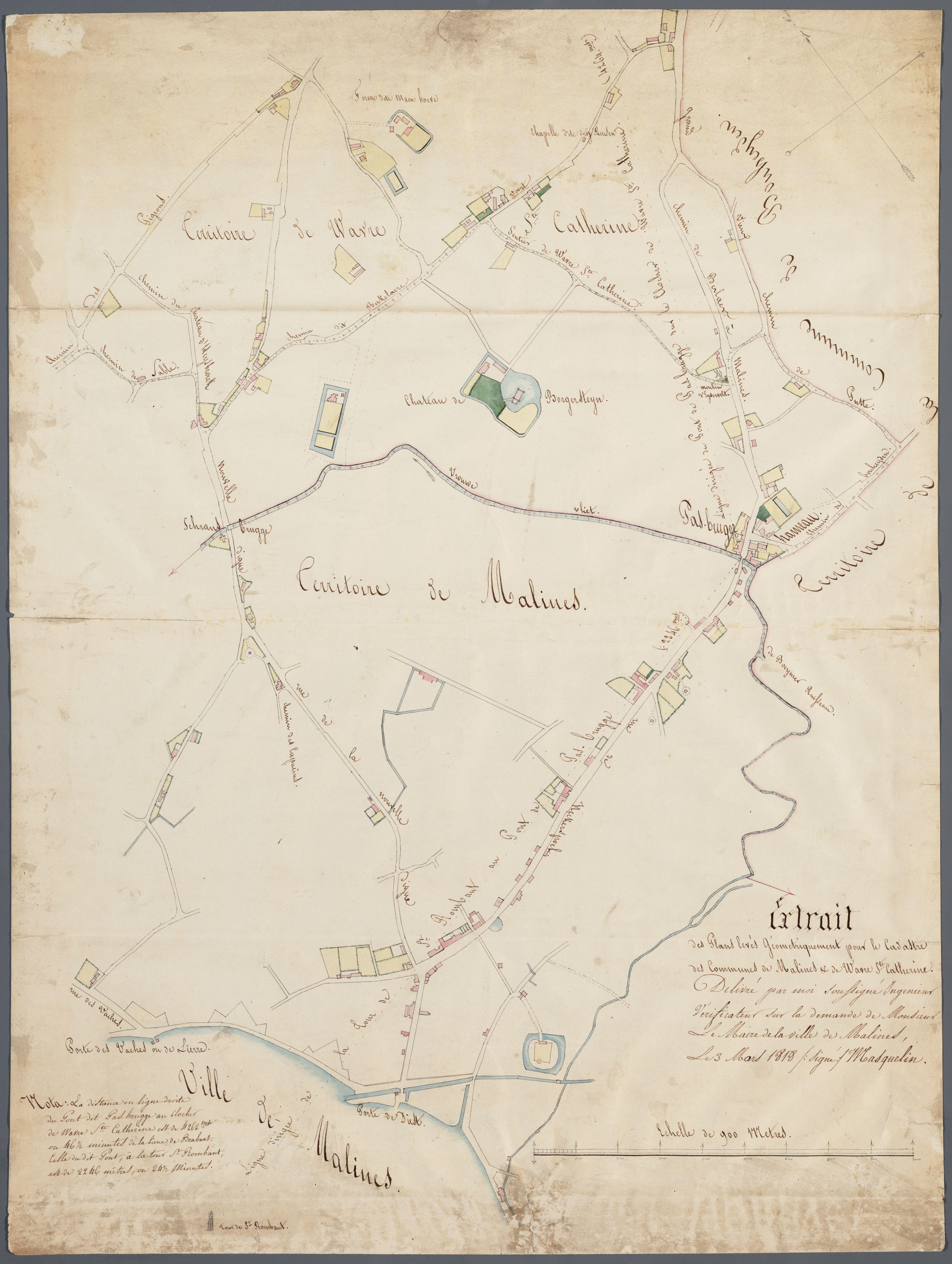 Uittreksel uit een kadasterkaart van 1818: Mechelen aan de grens met Bonheiden en Sint-Katelijne-Waver. © Stadsarchief Mechelen