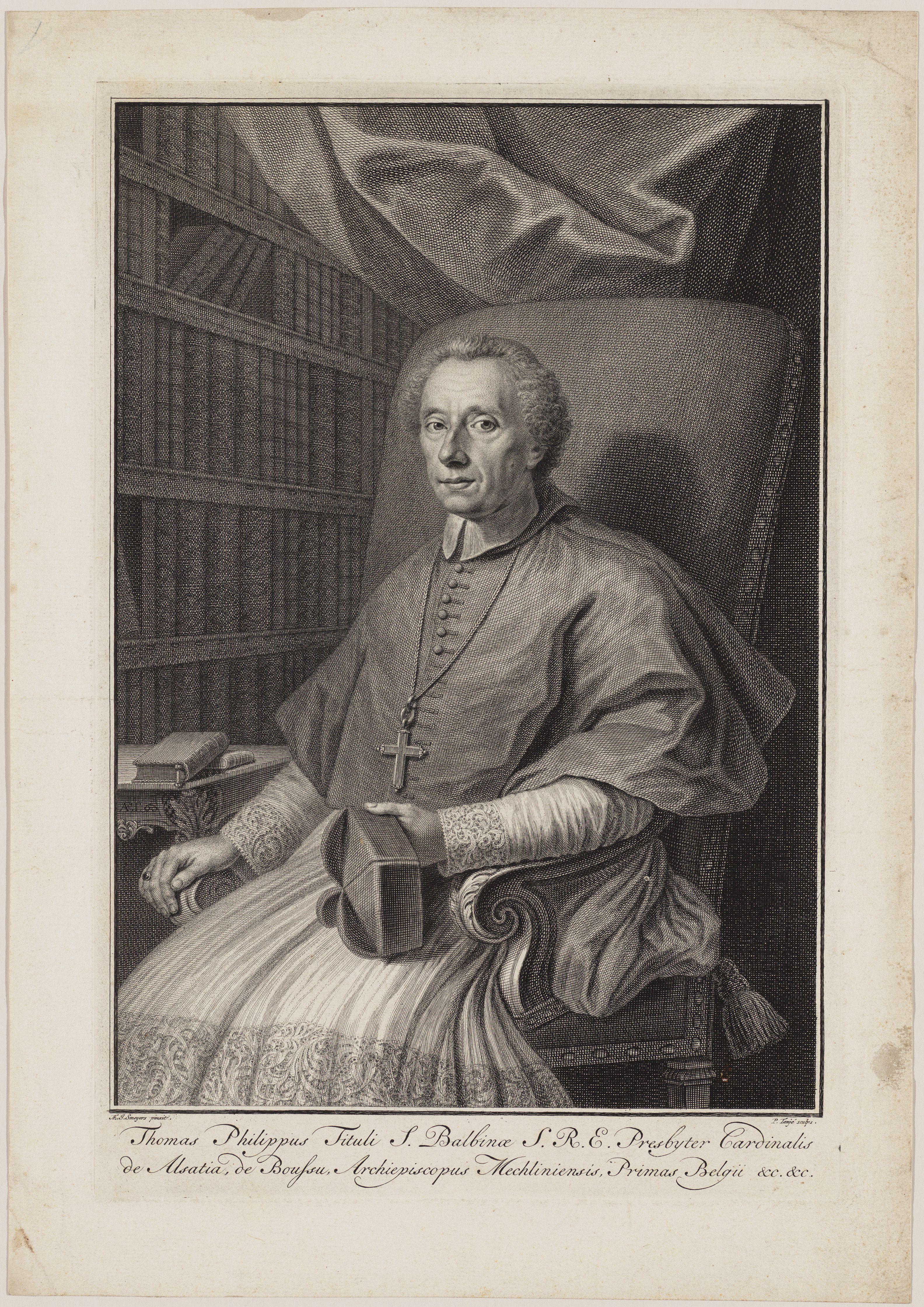Portret van kardinaal Thomas-Philippus d'Alsace, 1739. E.J. Smeyers (tekening) en P. Tanje (gravure). Collectie Stadsarchief Mechelen