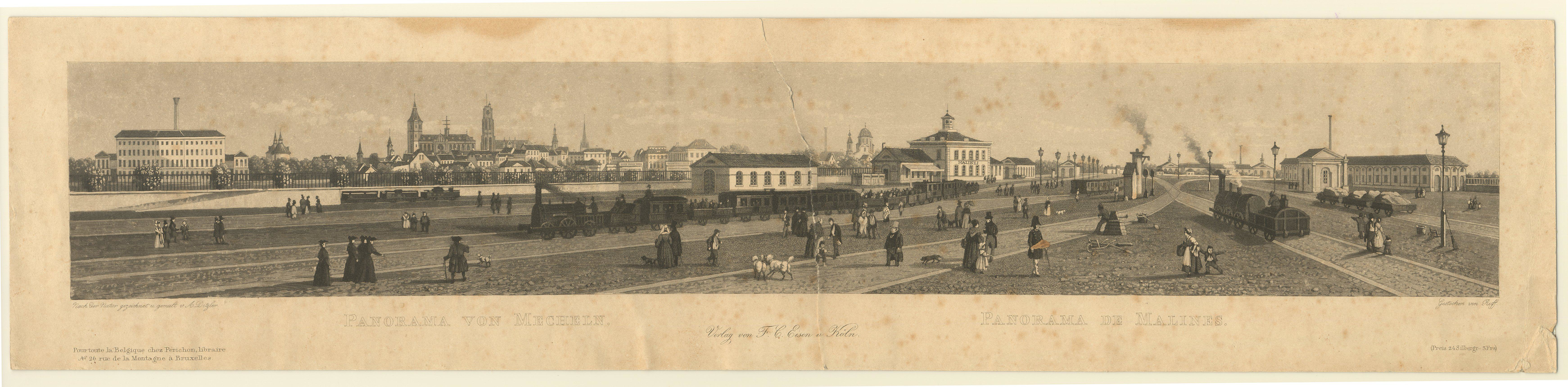 Het Mechelse station rond 1840. Stadsarchief Mechelen - regionalebeeldbank.be