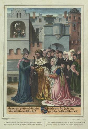 Cyclus van het leven en de mirakels van Sint-Rombout, achtste schilderij: Sint-Rombout verkondigt aan gravin Elisa dat ze een kind zal krijgen. © Stadsarchief Mechelen - beeldbankmechelen.be