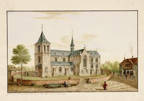 De voormalige Heilige Geestkerk van Nekkerspoel, aquarel van Jan-Baptist De Noter uit de negentiende eeuw. © Stadsarchief Mechelen - beeldbankmechelen.be