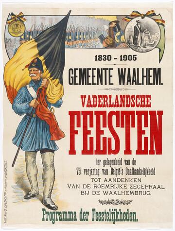 Affiche betreffende de viering te walem van 75 jaar Belgische onafhankelijkheid en de slag bij de brug van walem, 1905. © Stadsarchief Mechelen – beeldbankmechelen.be
